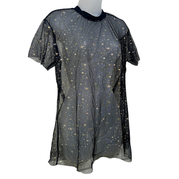 New Medium Black Mesh Star Galaxy Long Top Rave‎ Coverup Beach Witchy Festival - Picture 4 of 4
